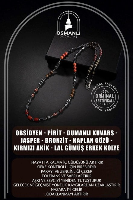 Obsidyen-Pirit-Dumanlı Kuvars-Jasper-Bronzit-Kaplan Gözü-Kırmızı Akik-Lal Taşı-Hematit Doğal Taş Erkek Tasarım Kolye