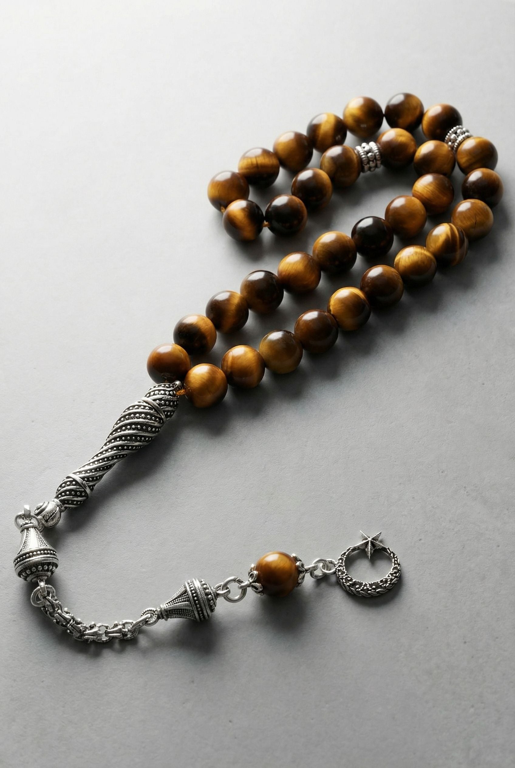 Kaplan Gözü Doğal Taş Tesbih – 925 Ayar Gümüş – 8 mm Küre Kesim