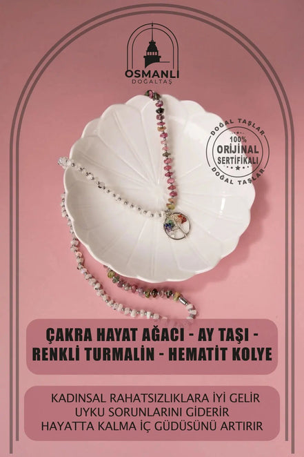 Çakra Hayat Ağacı-Ay Taşı-Renkli Turmalin Doğal Taş Kolye