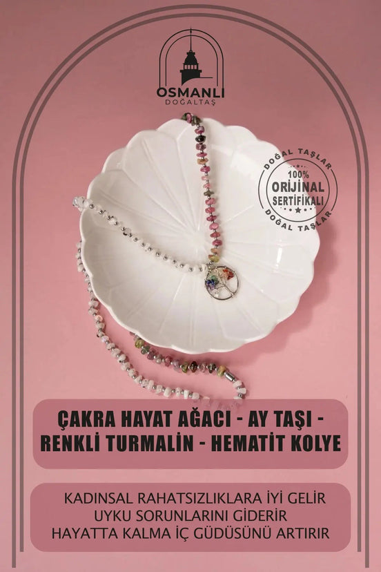 Çakra Hayat Ağacı-Ay Taşı-Renkli Turmalin Doğal Taş Kolye