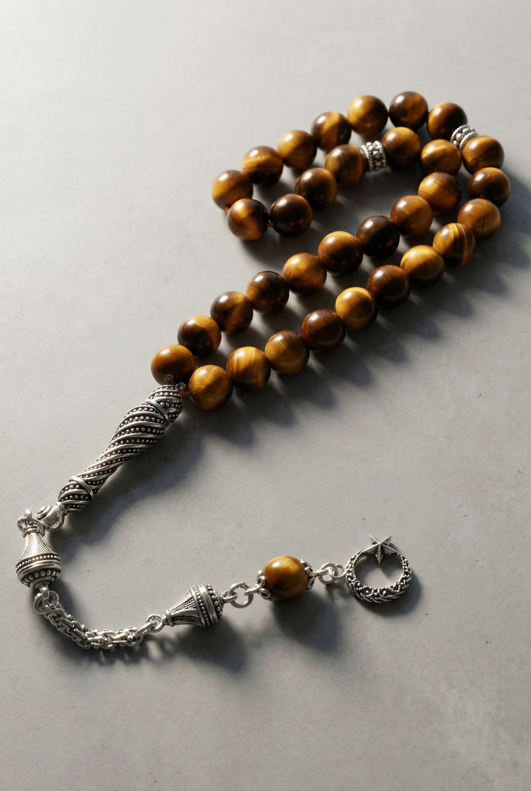 Kaplan Gözü Doğal Taş Tesbih – 925 Ayar Gümüş – 8 mm Küre Kesim