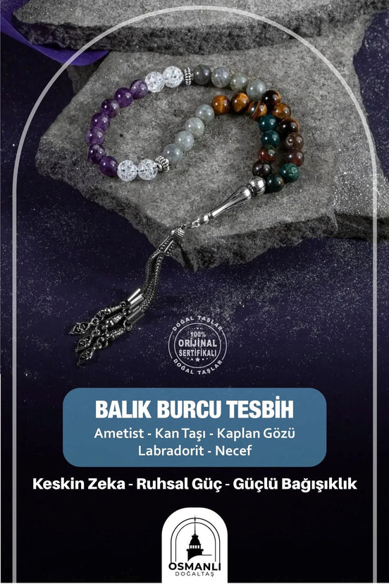 Balık Burcu Tesbih Ametist, Kan Taşı, Kaplan Gözü, Labradorit, Necef