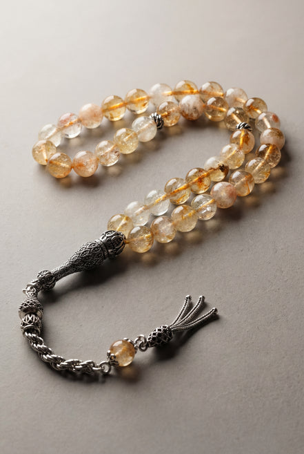 Sitrin Doğal Taş Tesbih – 925 Ayar Gümüş – 8 mm Küre Kesim