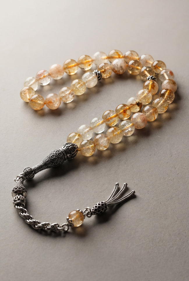 Sitrin Doğal Taş Tesbih – 925 Ayar Gümüş – 8 mm Küre Kesim