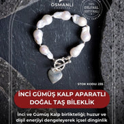 İnci Gümüş Kalp Aparatlı Doğal Taş Bileklik (SK:235)