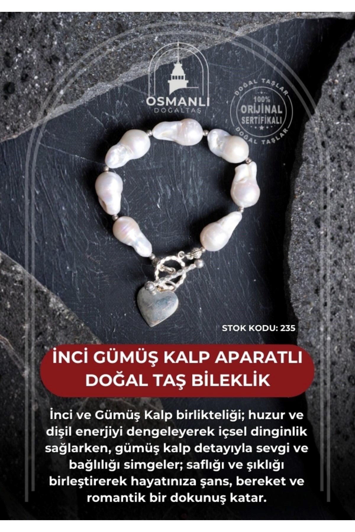 İnci Gümüş Kalp Aparatlı Doğal Taş Bileklik (SK:235)