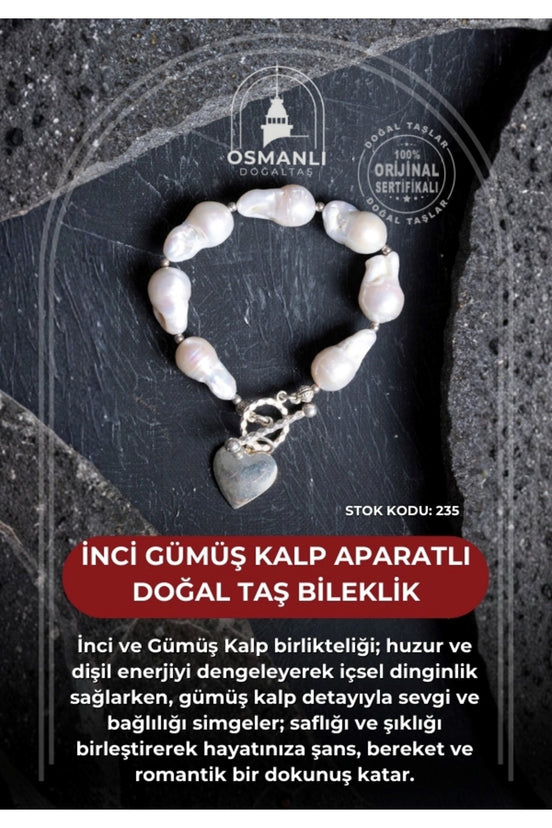 İnci Gümüş Kalp Aparatlı Doğal Taş Bileklik (SK:235)