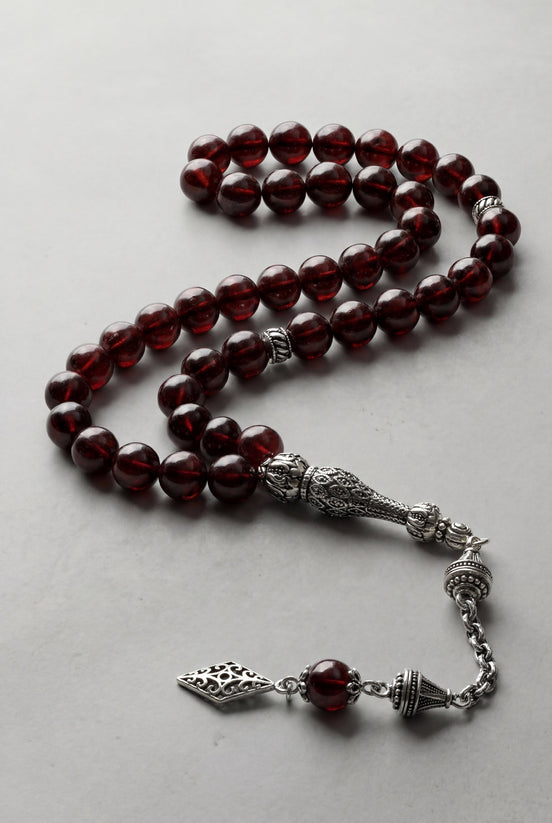Garnet (Lal) Doğal Taş Tesbih – 925 Ayar Gümüş – 8 mm Küre Kesim