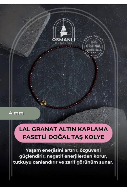 Lal Granat Altın Kaplama Fasetli  Doğal Taş Kolye