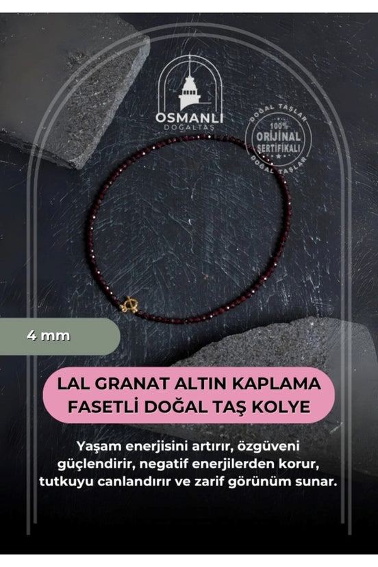 Lal Granat Altın Kaplama Fasetli  Doğal Taş Kolye