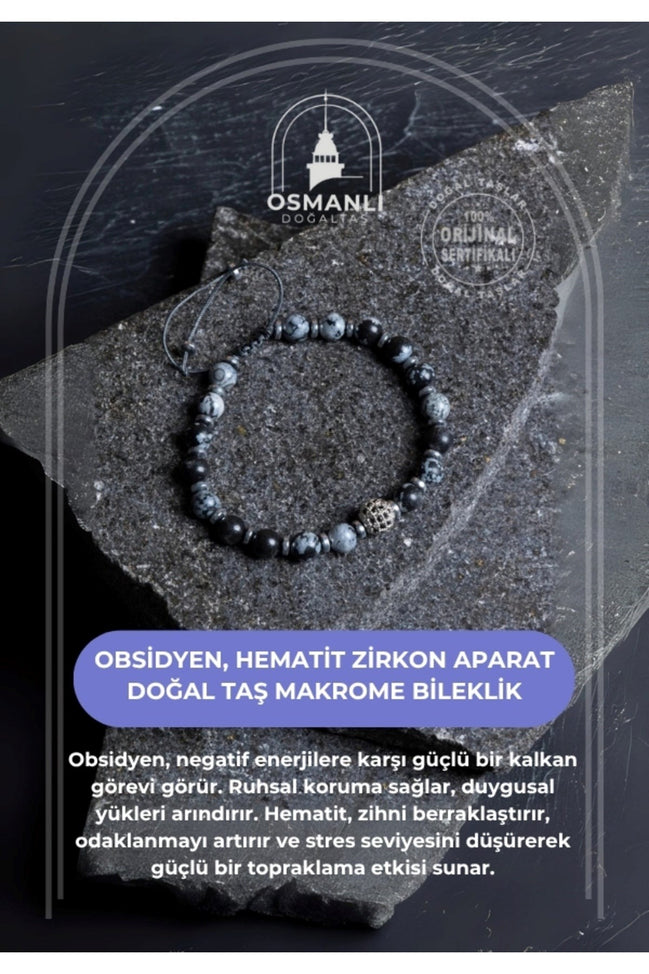 Sertifikalı Obsidyen, Hematit Zirkon Aparat Doğal Taş Makrome Bileklik
