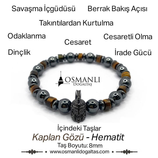 Hakiki Orijinal Kaplan Gözü - Hematit 8mm Gladyatör Aparatlı Misinalı Doğal Taş Bileklik