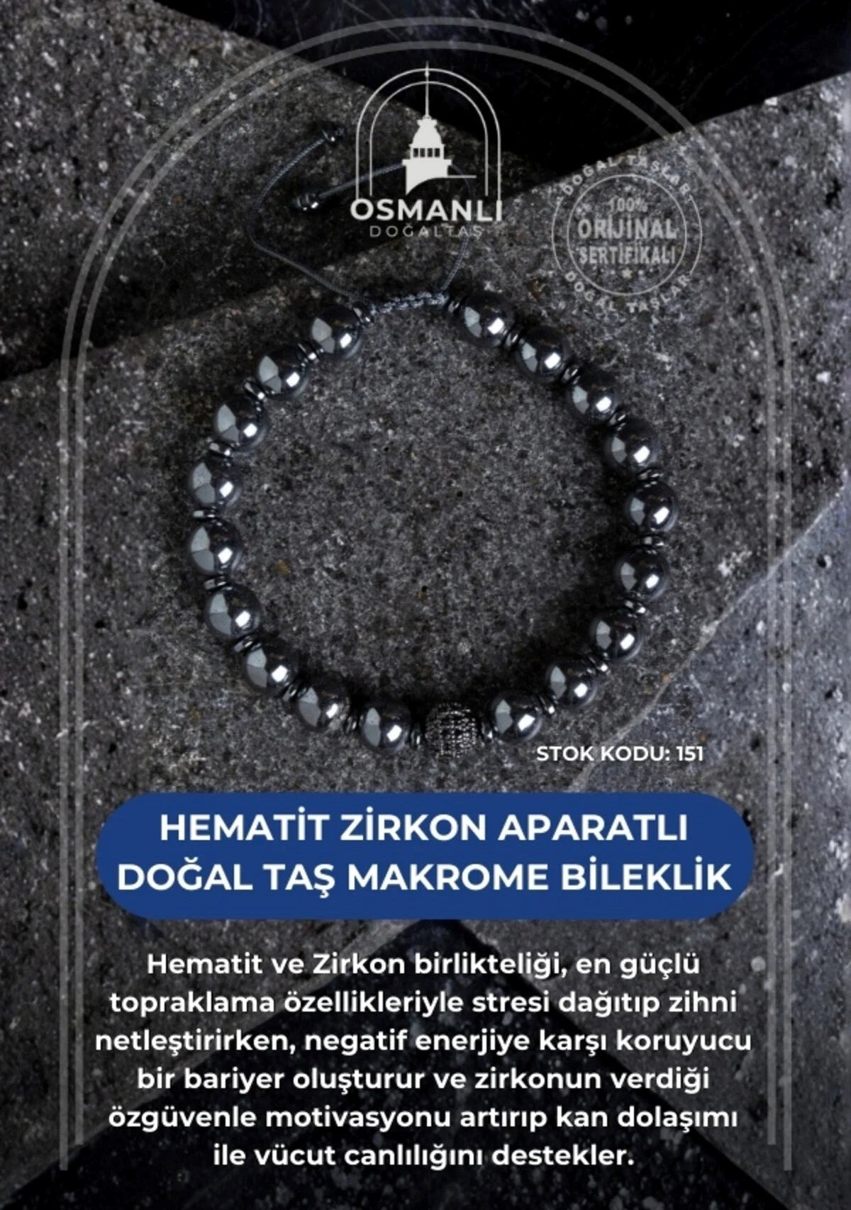 Hematit Zirkon Aparatlı Doğal Taş Makrome Bileklik (SK:151)
