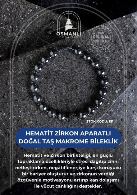 Hematit Zirkon Aparatlı Doğal Taş Makrome Bileklik (SK:151)
