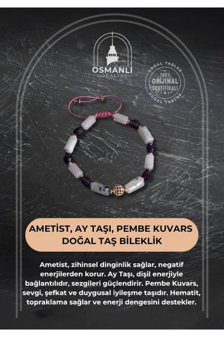 Ametist, Ay Taşı ve Pembe Kuvars Doğal Taş Bileklik