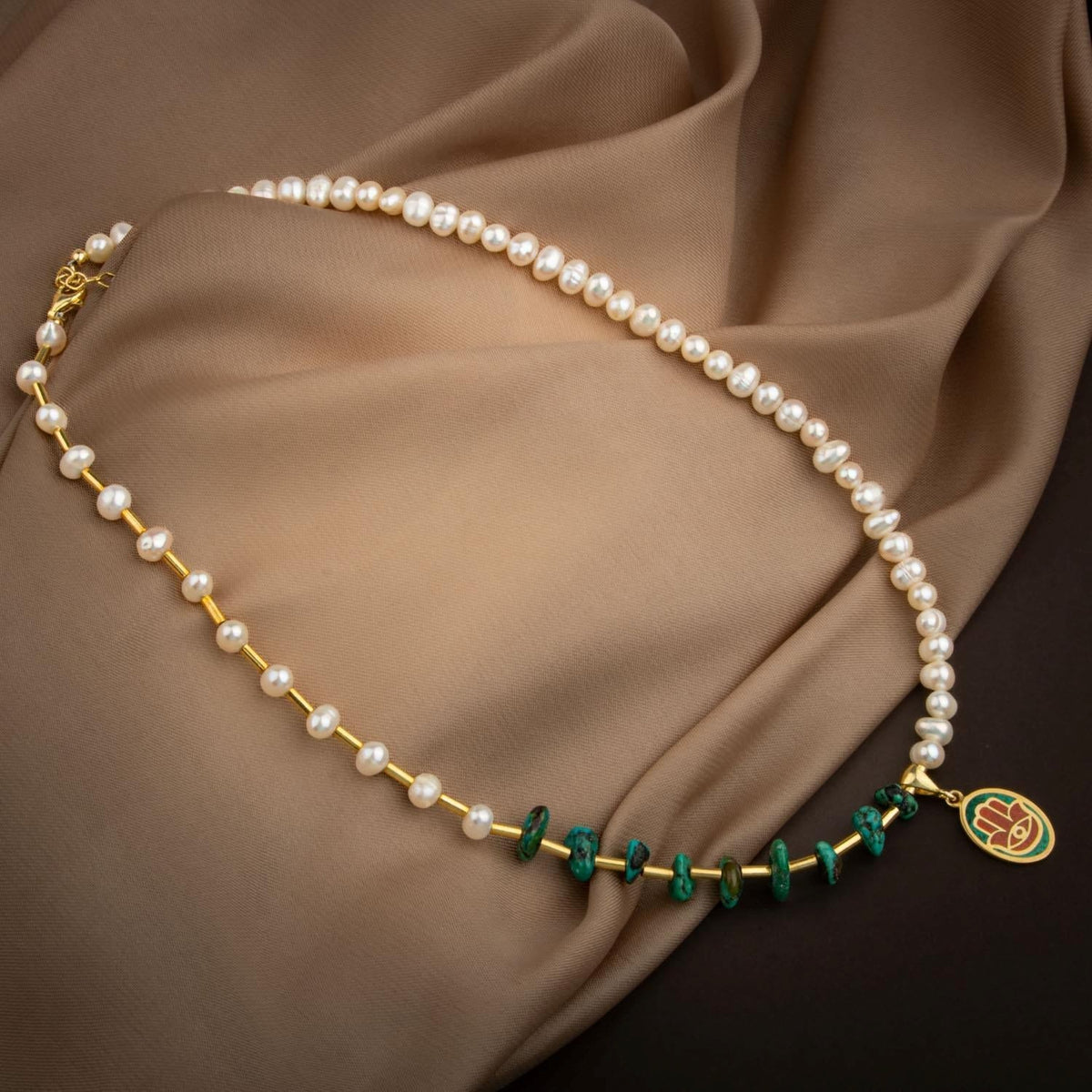 Mozaik Turkuaz (Firuza) Taşlı & İnci Doğal Taş 925 Ayar Gümüş Tasarım Kolye – Özel Tasarım (50 cm)