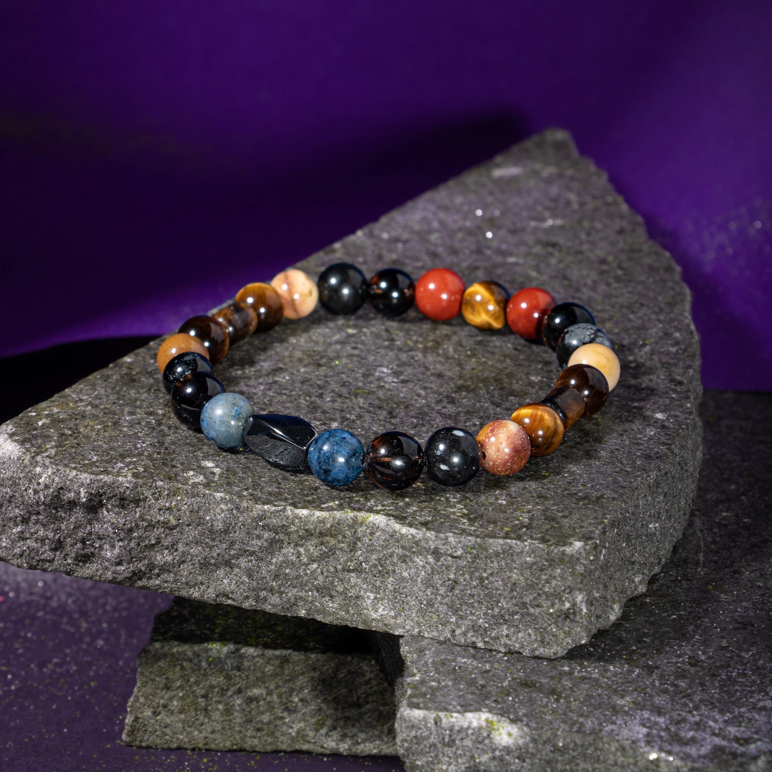 Oğlak Burcu Doğal Taş Bileklik – Dumanlı Kuvars, Dumortierit, Golden Obsidyen, Jasper & Kaplan Gözü