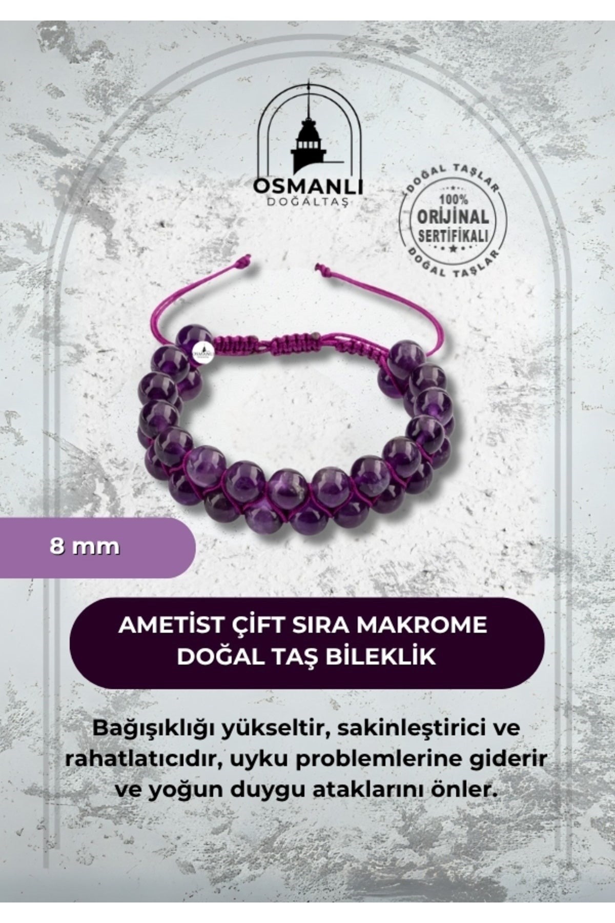 Ametist 8mm Çift Sıra Makrome Doğal Taş Bileklik