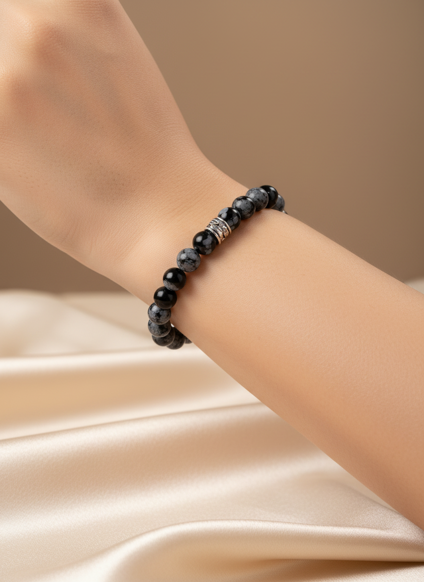 Orijinal & Sertifikalı Unisex Denge Huzur Pozitif Enerji Karlı Obsidyen Doğal Taş Bileklik 8 mm