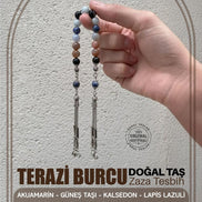 Terazi Burcu Zaza Tesbih Doğal Taş Akuamarin, Güneş Taşı, Kalsedon, Lapis Lazuli, Siyah Göz Akik