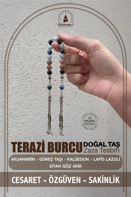 Terazi Burcu Zaza Tesbih Doğal Taş Akuamarin, Güneş Taşı, Kalsedon, Lapis Lazuli, Siyah Göz Akik