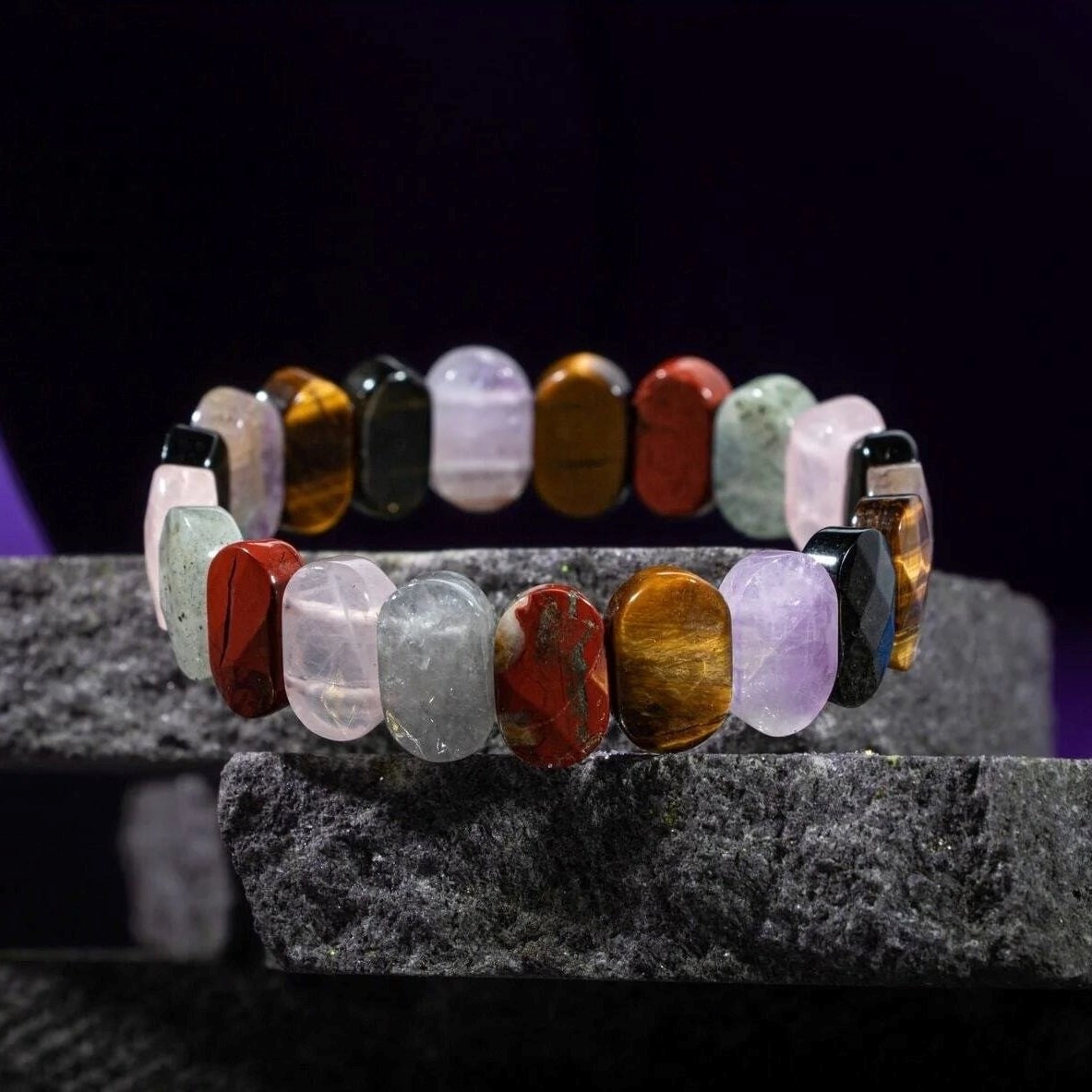 Başak Burcu Bileklik Ametist, Golden Obsidyen, Kaplan Gözü, Labradorit, Pembe Kuvars, Yosunlu Akik