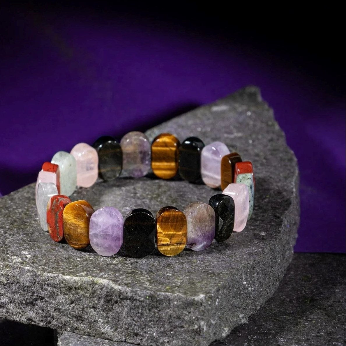 Başak Burcu Bileklik Ametist, Golden Obsidyen, Kaplan Gözü, Labradorit, Pembe Kuvars, Yosunlu Akik