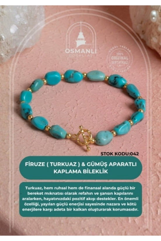 Sertifikalı Firuze (Turkuaz) Gümüş Aparatlı Doğal Taş Bileklik (SK:042)