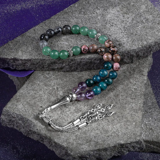 Boğa Burcu Tesbih Ametrin, Mavi Apatit, Rodonit, Rutilli Kuvars, Yeşil Aventurin