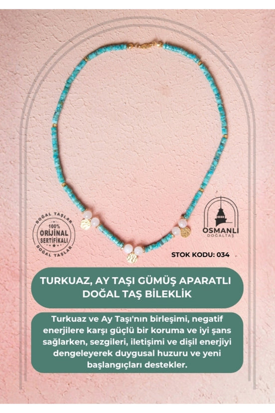 Sertifikalı Firuze(Turkuaz) , Ay Taşı Gümüş Aparatlı Doğal Taş Kolye (SK:034)