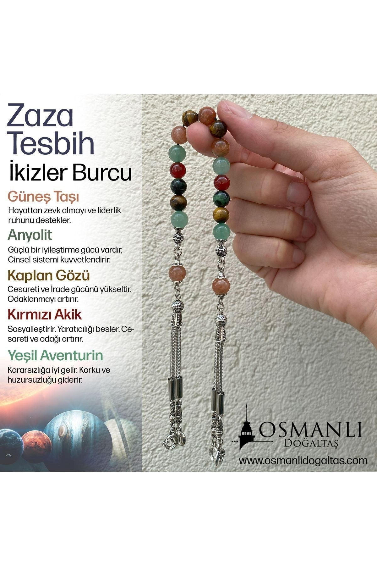 İkizler Burcu Zaza Tesbih Anyolit, Güneş Taşı, Kaplan Gözü, Kırmızı Akik, Yeşil Aventurin