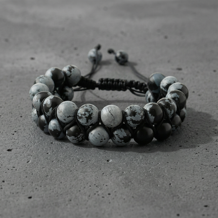 Karlı Obsidyen 8mm Çift Sıra Makrome Doğal Taş Bileklik