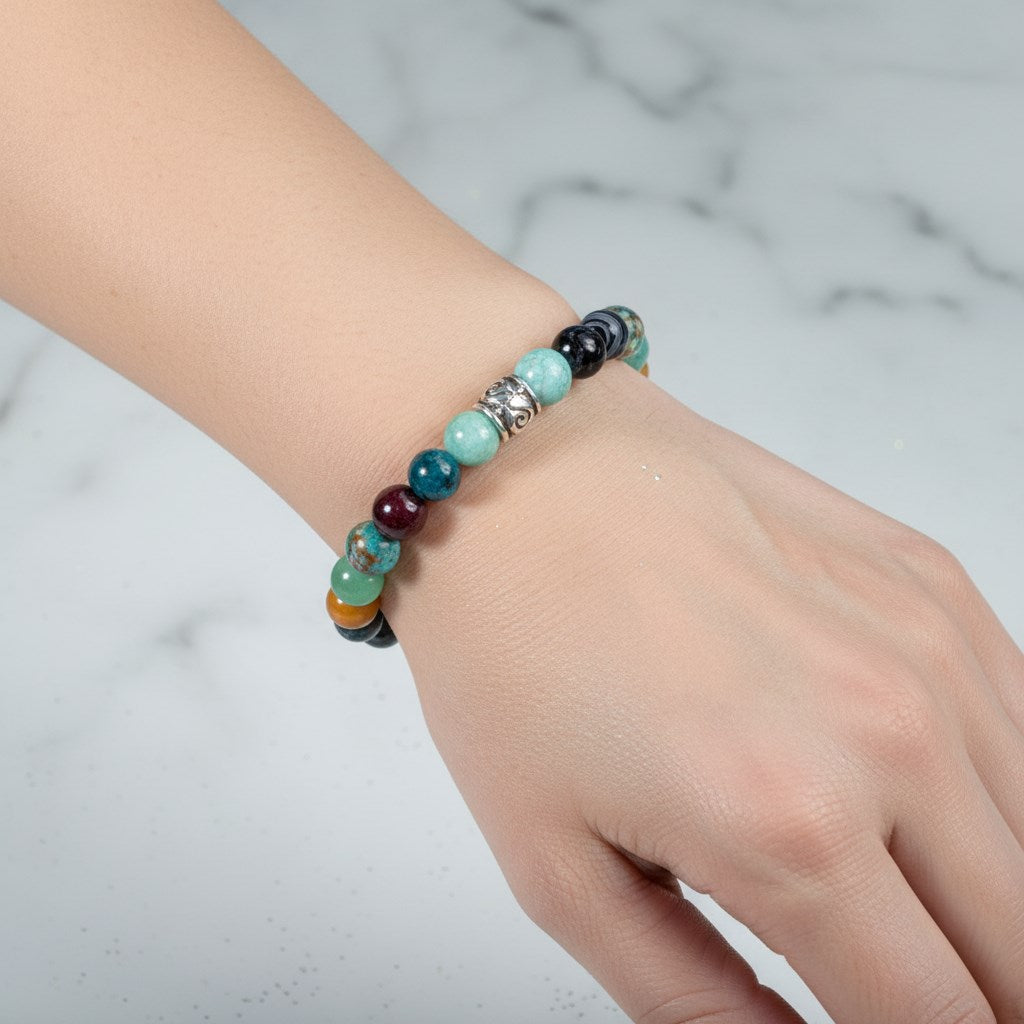 Başak Burcu Bileklik Amazonit, Bordo Granat Lal, Jasper, Krizokol, Mavi Apatit, Siyah Göz Akik, Yeşil Aventurin