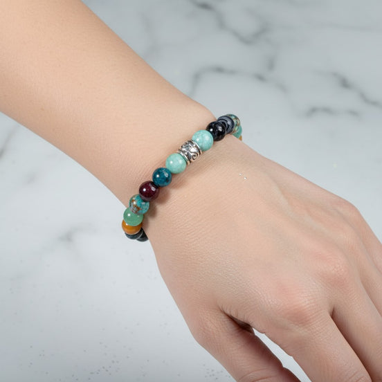 Başak Burcu Bileklik Amazonit, Bordo Granat Lal, Jasper, Krizokol, Mavi Apatit, Siyah Göz Akik, Yeşil Aventurin