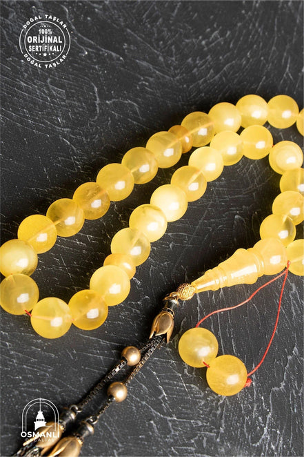 Sertifikalı Lale Motifli 12,5 mm Küre Kesim Gold Kaplama Gümüş Kehribar Tesbih - 43,50 gr