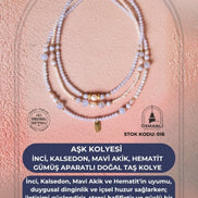 Aşk Kolyesi  İnci, Kalsedon, Mavi Akik, Hematit Gümüş Aparatlı Doğal Taş Kolye (SK:016)