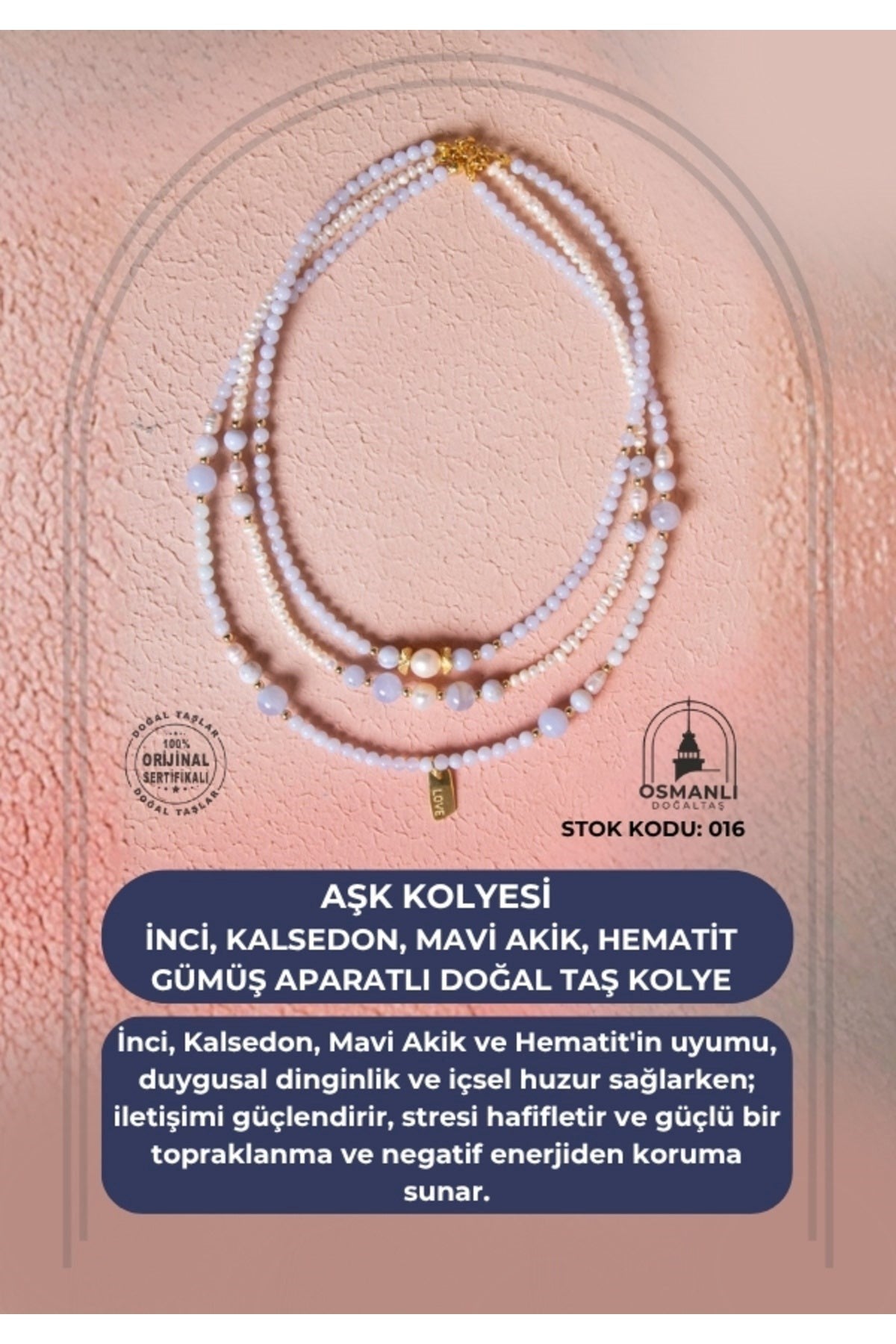 Aşk Kolyesi  İnci, Kalsedon, Mavi Akik, Hematit Gümüş Aparatlı Doğal Taş Kolye (SK:016)