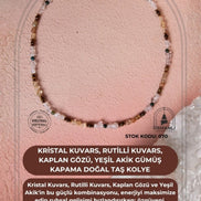 Sertifikalı Kristal Kuvars, Rutilli Kuvars, Kaplan Gözü, Yeşil Akik Gümüş Kapama Doğal Taş Kolye (SK:070)
