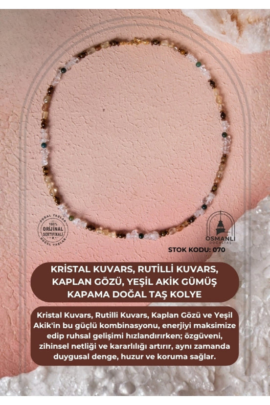 Sertifikalı Kristal Kuvars, Rutilli Kuvars, Kaplan Gözü, Yeşil Akik Gümüş Kapama Doğal Taş Kolye (SK:070)