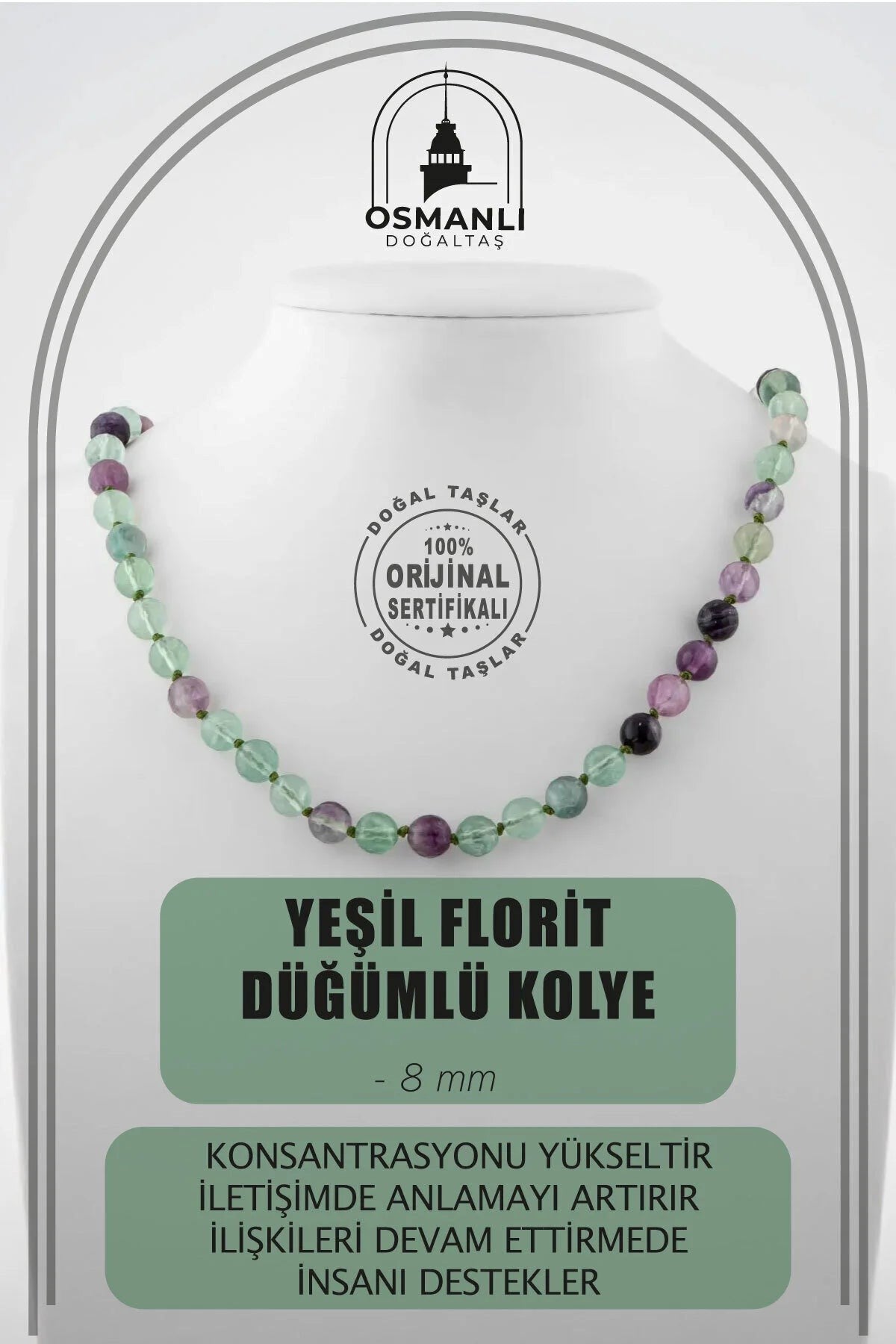 Yeşil Florit 8 mm Düğümlü Doğal Taş Kolye