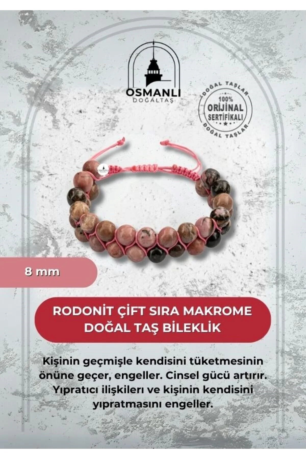 Rodonit 8mm Çift Sıra Makrome Doğal Taş Bileklik