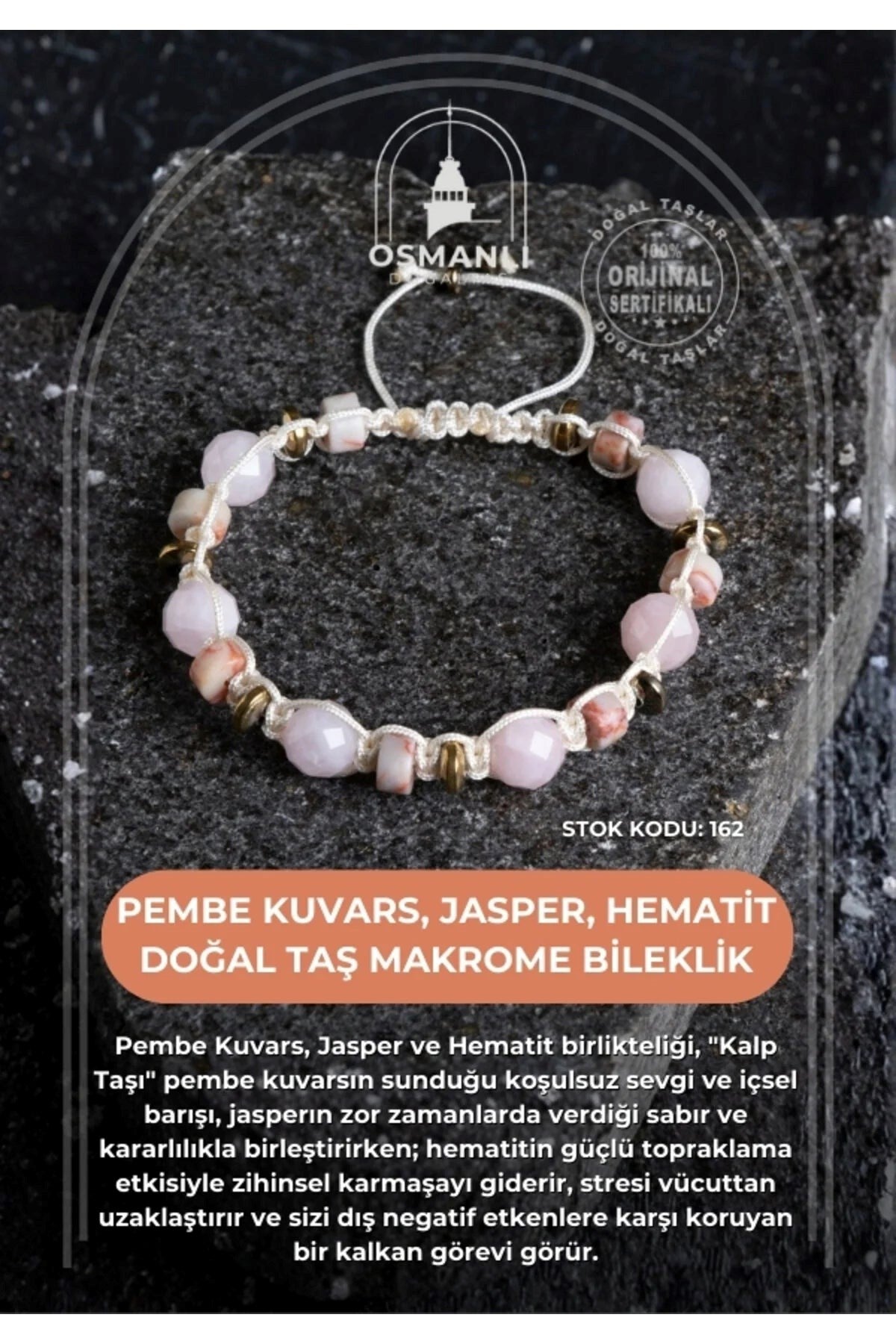 Pembe Kuvars, Jasper ve Hematit Doğal Taş Makrome Bileklik (SK:162)