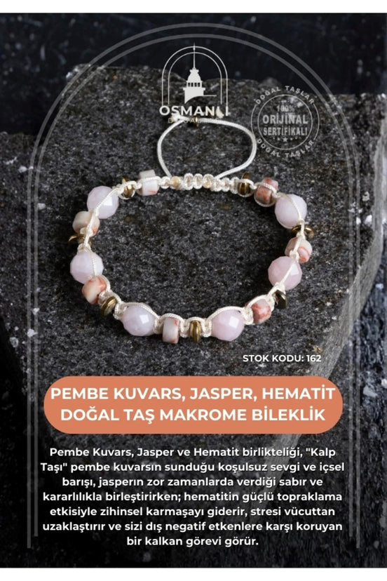 Pembe Kuvars, Jasper ve Hematit Doğal Taş Makrome Bileklik (SK:162)