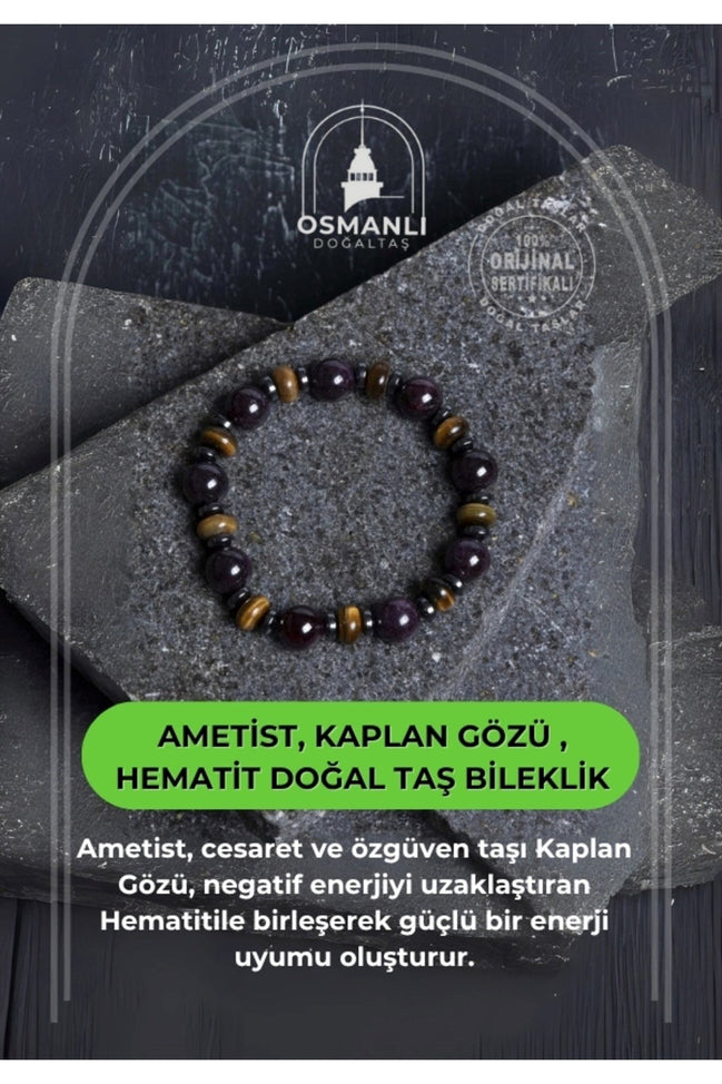 Sertifikalı Ametist, Kaplan Gözü , Hematit Doğal Taş Bileklik