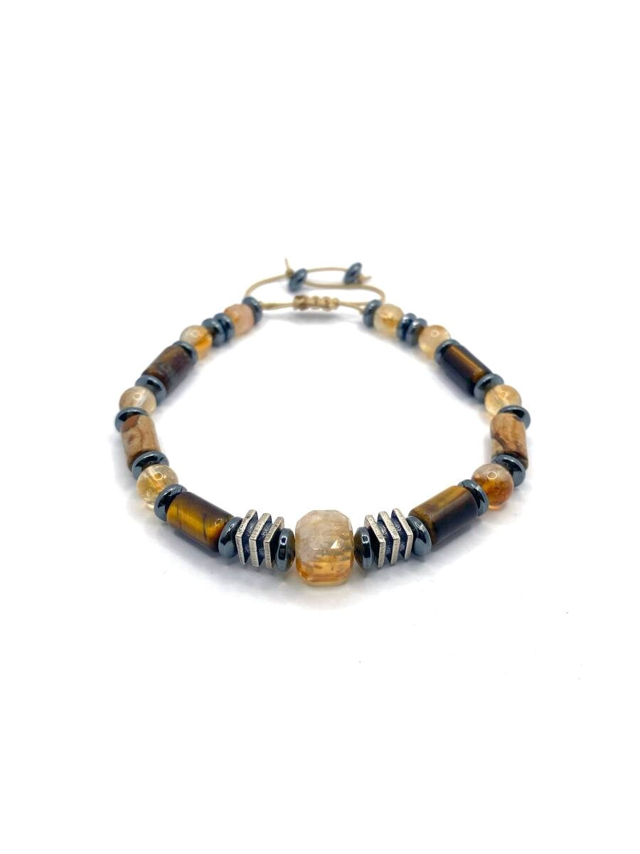 Hakiki Orijinal Kaplan Gözü - Jasper - 6mm Sitrin - Hematit İpli Ayarlanabilir Doğal Taş Bileklik