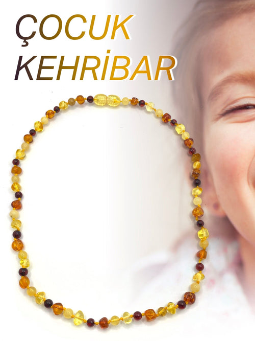 Çocuk Kehribar Doğal Taş Kolye – İpli, Kopmaz Tasarım (4-6 Yaş, Kırmızı-Turuncu-Sarı)