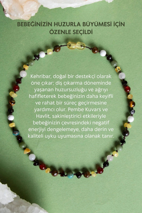 Doğal Taş Bebek Kolye - Kehribar, Yeşim, Kaplan Gözü, Akik, Havlit, Krizokol, Pembe Kuvars