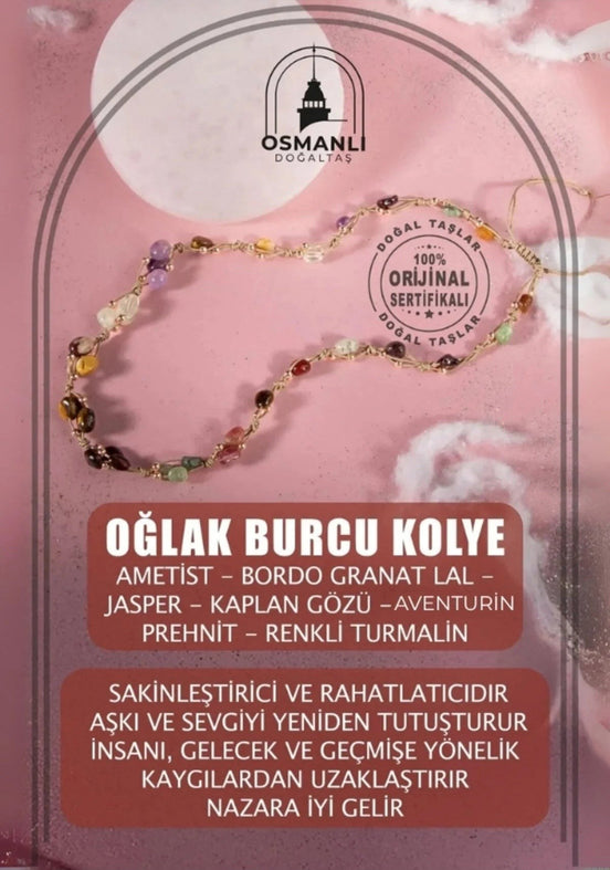 Oğlak Burcu Kolye Ametist, Bordo Granat Lal, Jasper, Kaplan Gözü, Kunzit, Prehnit, Renkli Turmalin