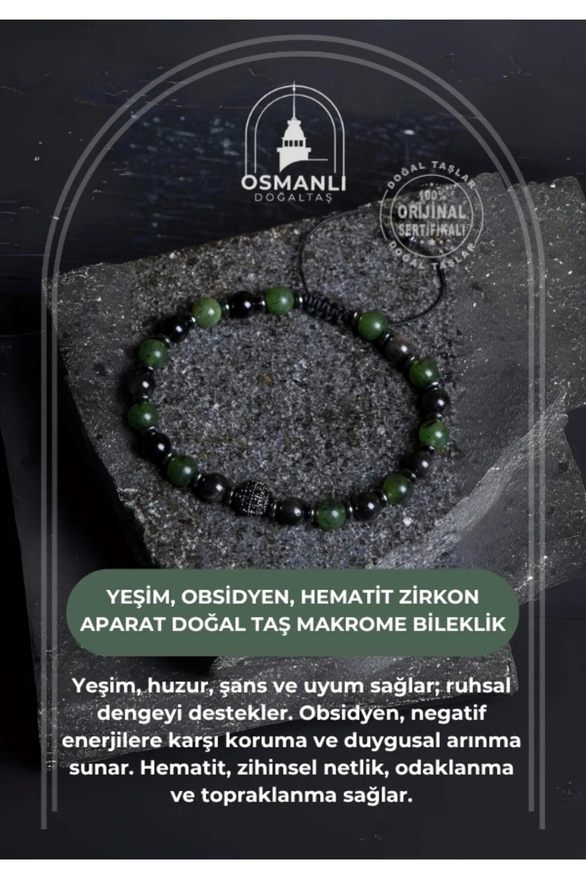 Yeşim, Obsidyen, Hematit Zirkon Aparat  Doğal Taş Makrome Bileklik