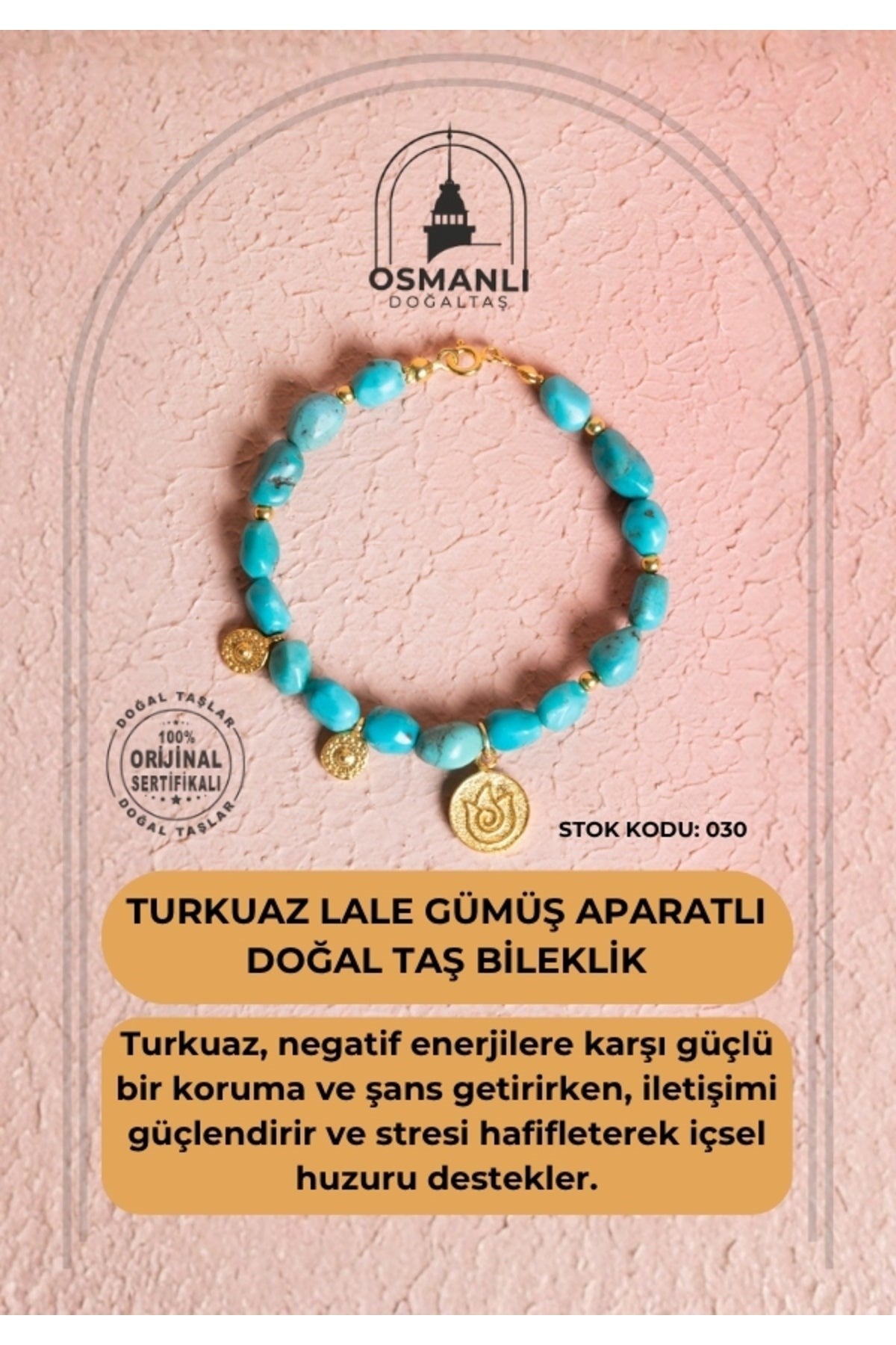 Sertifikalı Firuze(Turkuaz) Lale Gümüş Aparatlı Doğal Taş Bileklik (SK:030)